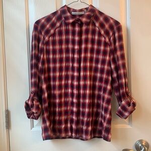 Alice + Olivia Glenna crinkle button down plaid women shirt red XS/TP
